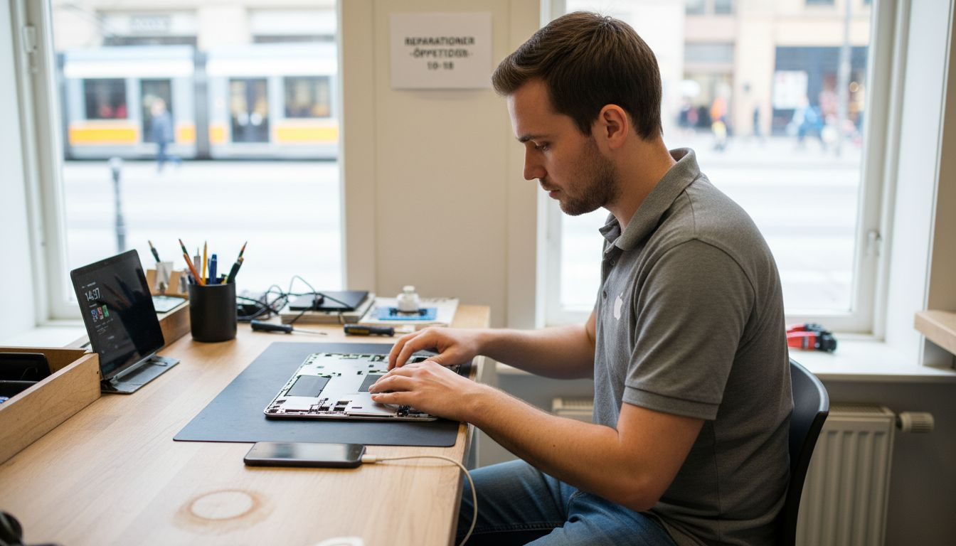 En Apple-tekniker sitter och felsöker en MacBook.