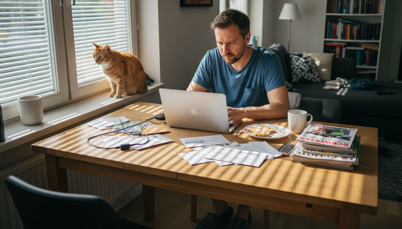 En man sitter vid ett stökigt bord och jobbar på sin MacBook.