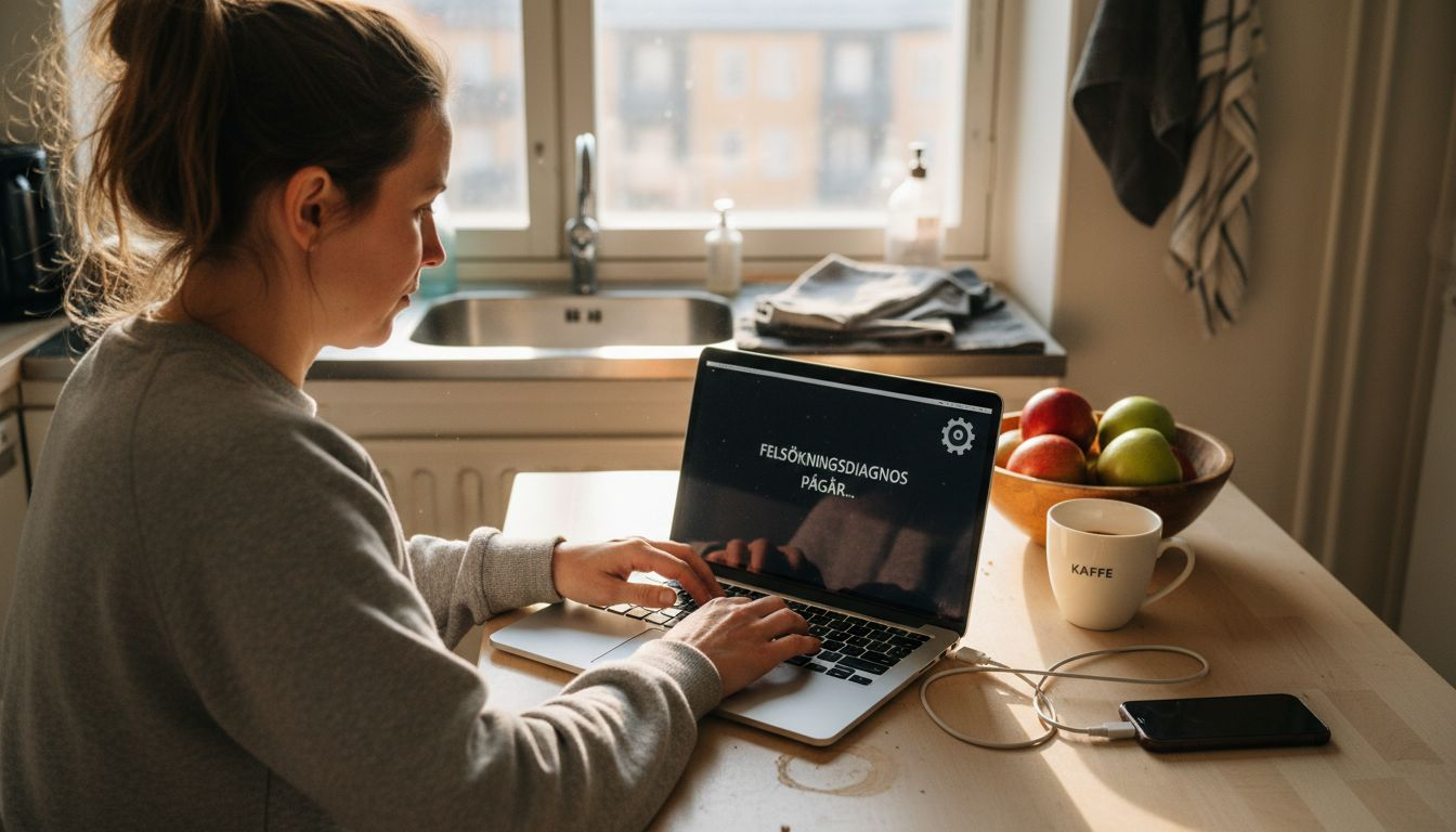 En kvinna sitter vid köksbordet och försöker lösa problem med sin MacBook.