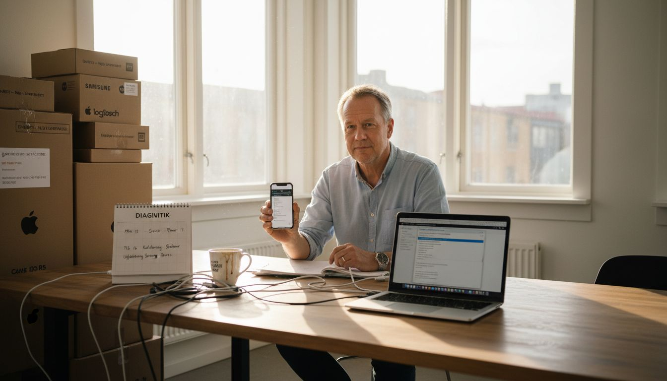 En person kollar igenom sin Apple-enhet på kontoret.