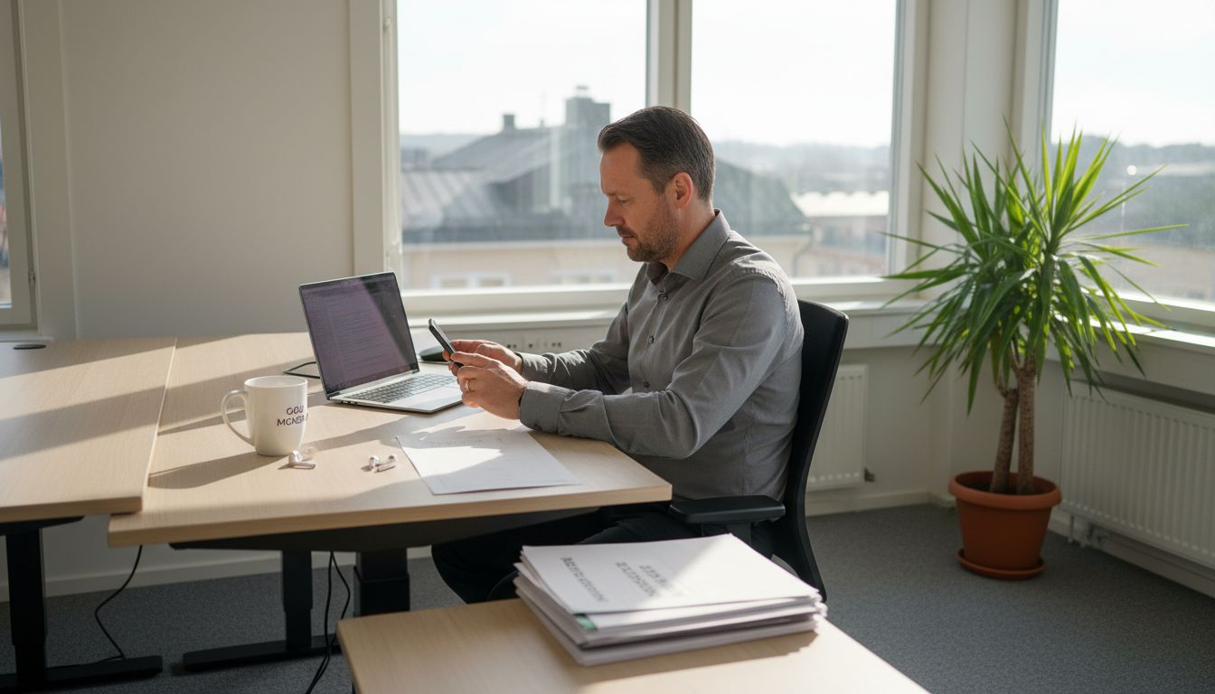 Du gör en säkerhetskopia av din iPhone när du sitter vid skrivbordet på jobbet.