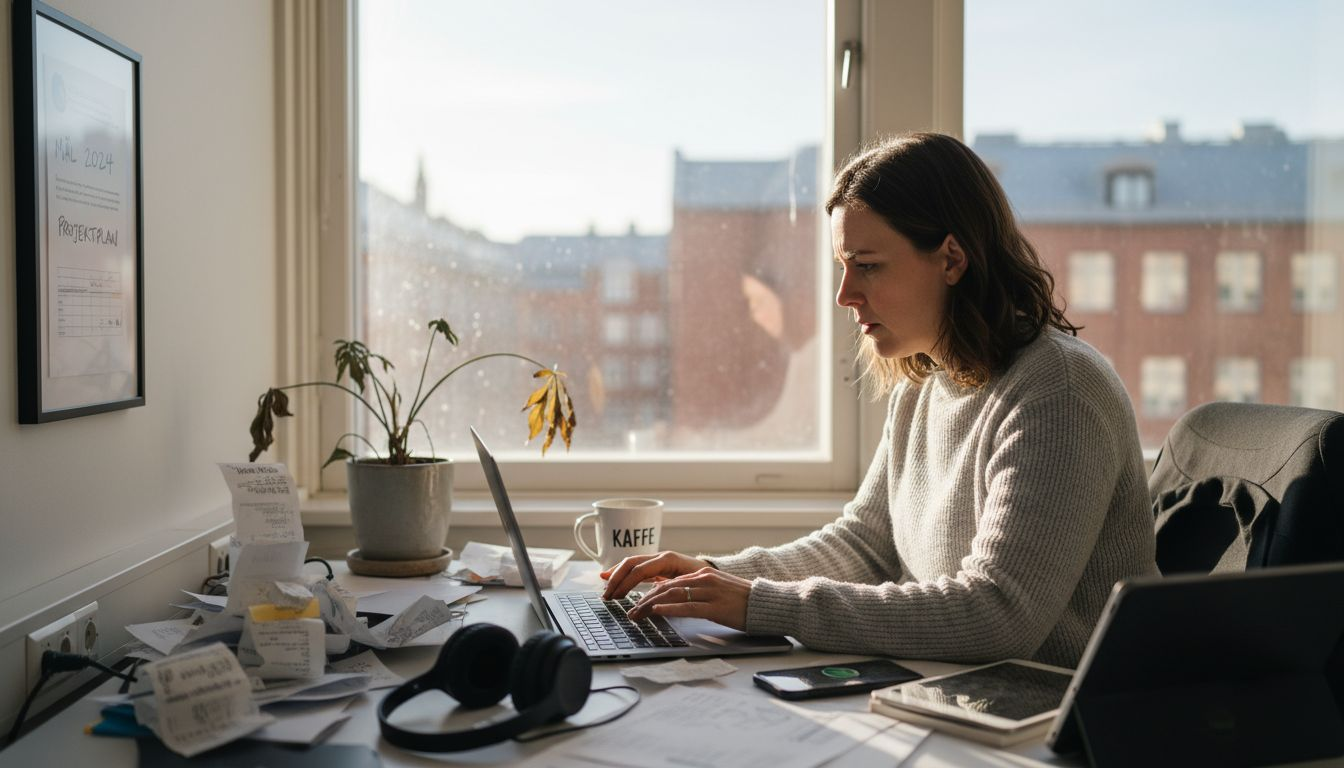 En kvinna sitter i sitt ljusa hemmakontor och felsöker sin MacBook.