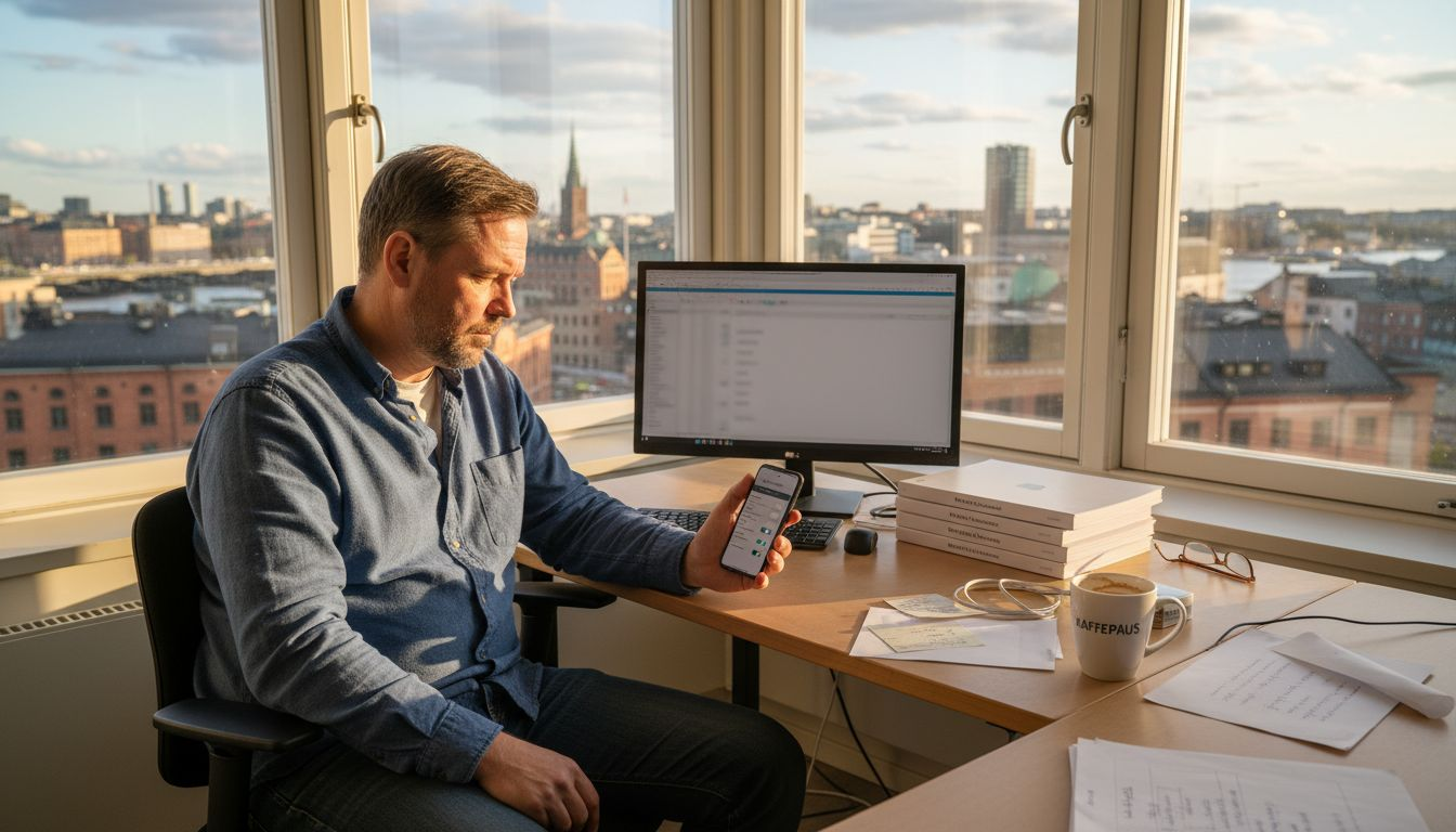 En man går igenom Apples integritetsinställningar på sitt kontor.