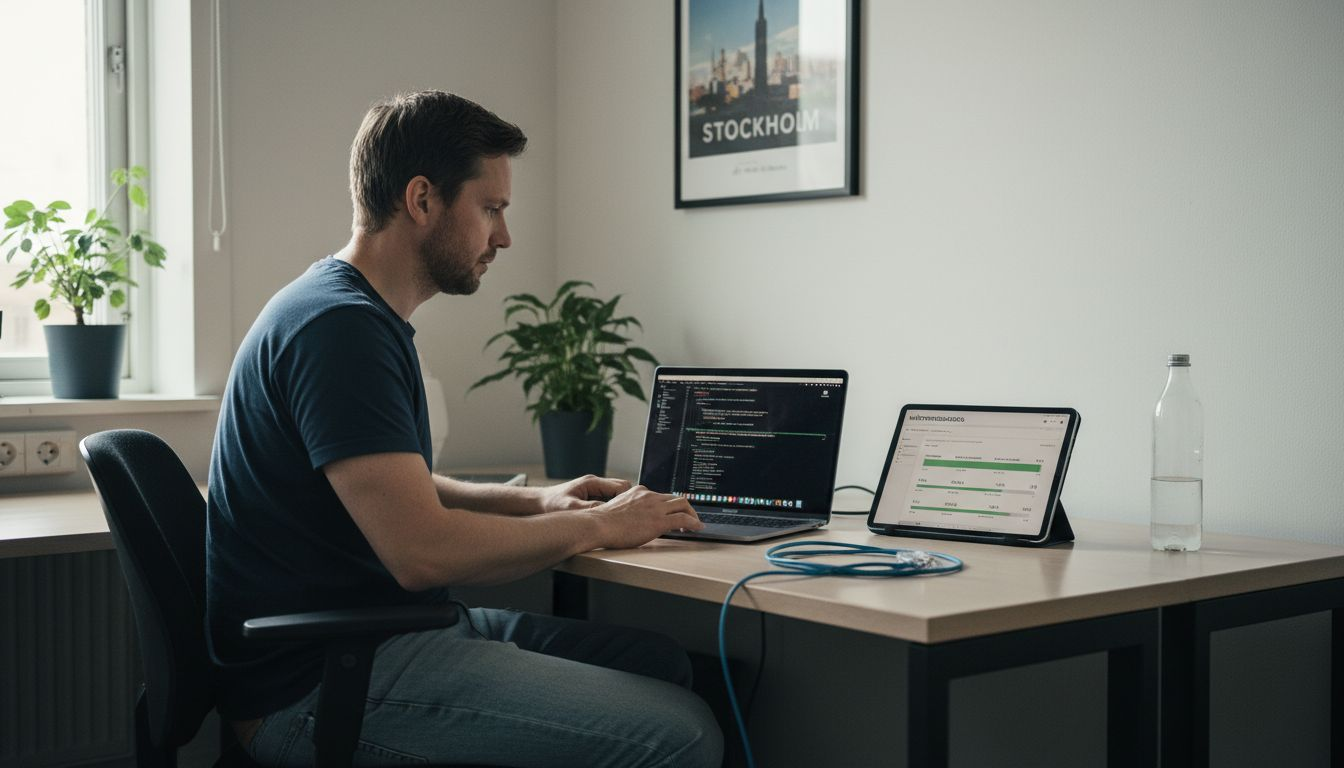 IT-tekniker som går igenom och kontrollerar nätverksutrustning från Apple