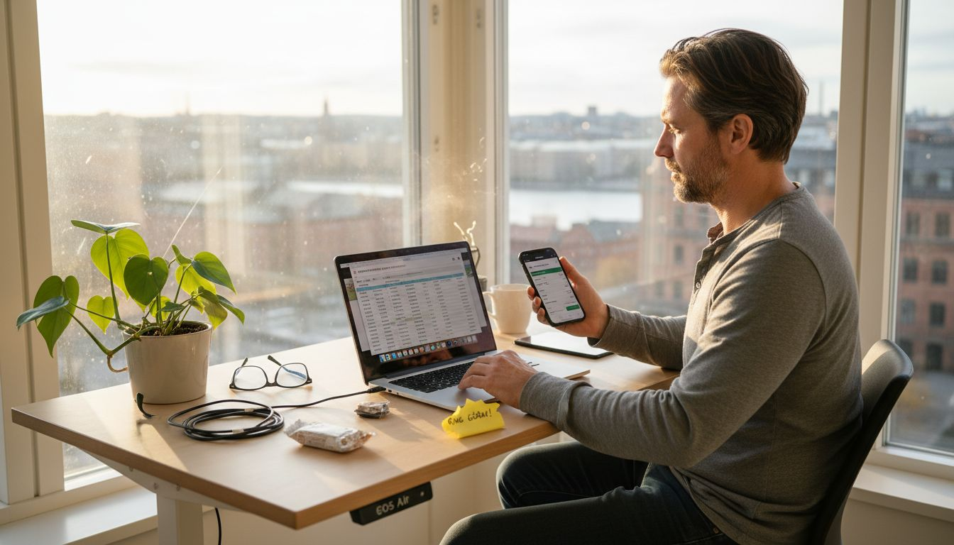 Man vid ett höj- och sänkbart skrivbord med sin Mac och iPhone