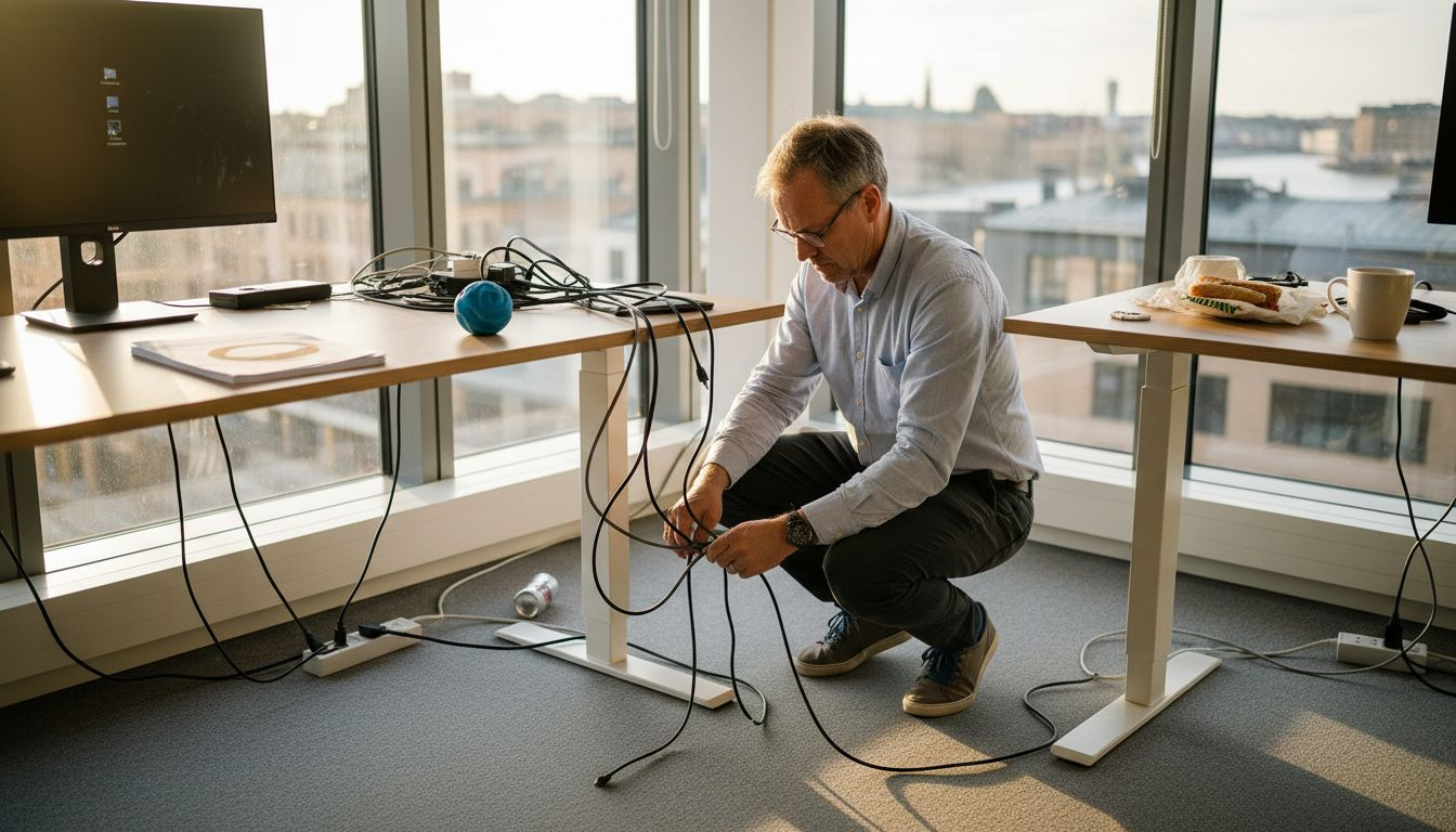 En IT-tekniker ser över och organiserar kablarna på kontoret.
