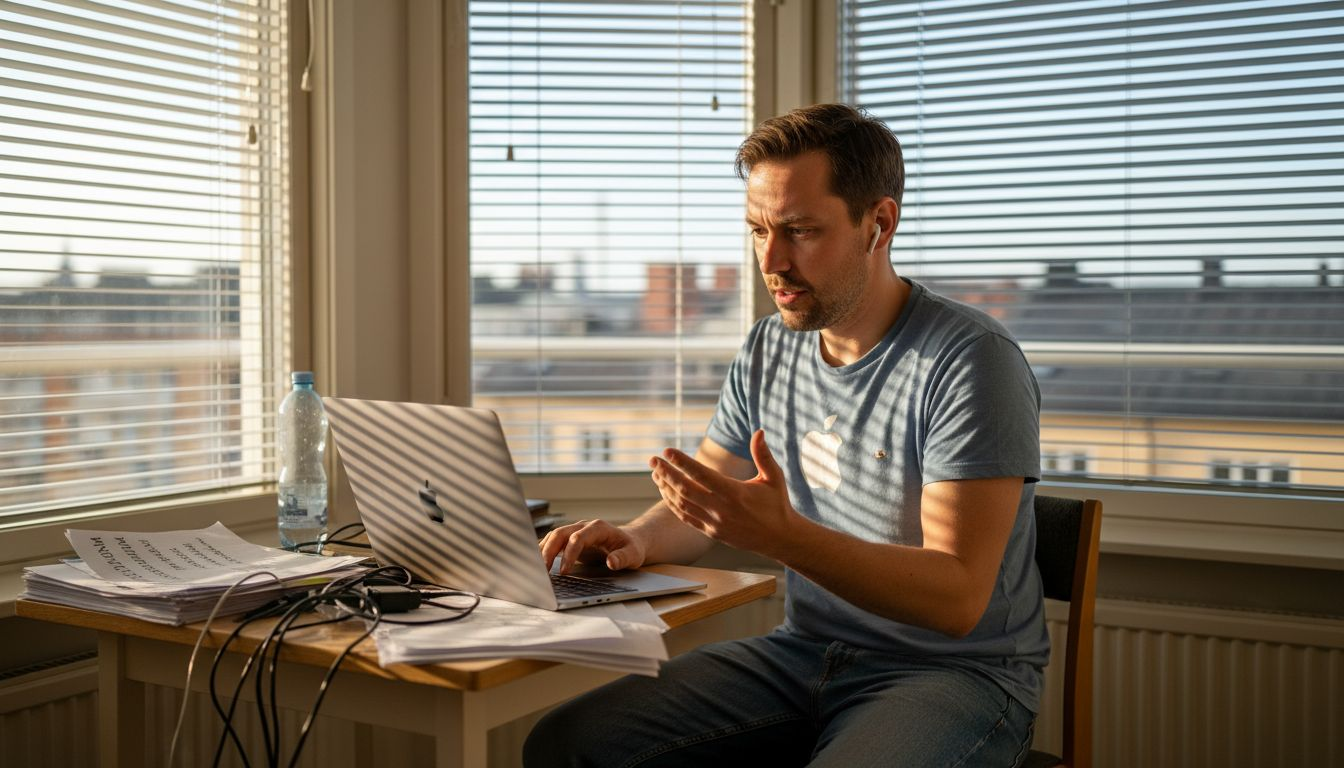 En man sitter vid sin MacBook och hjälper andra på distans.