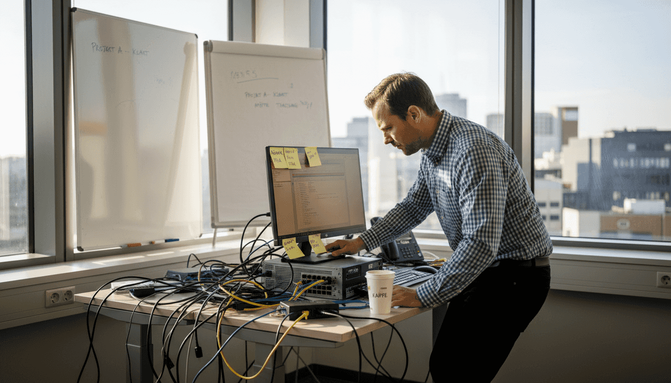 IT-tekniker som felsöker nätverksproblem på kontoret