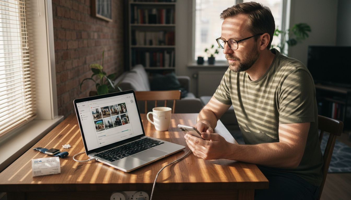 En man sitter vid köksbordet hemma och använder sina Apple-prylar.