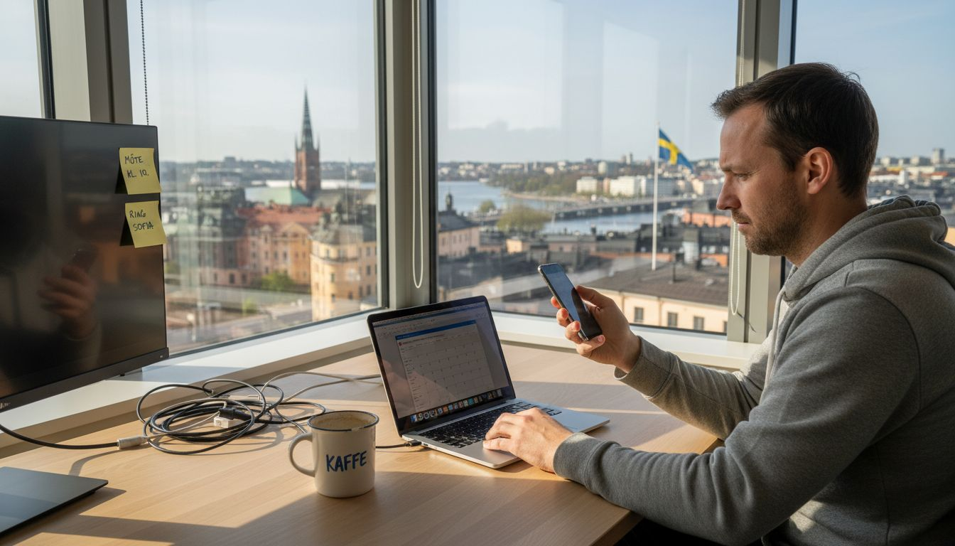 En man ser till att hans iPhone ligger säkert på det stökiga skrivbordet på kontoret.