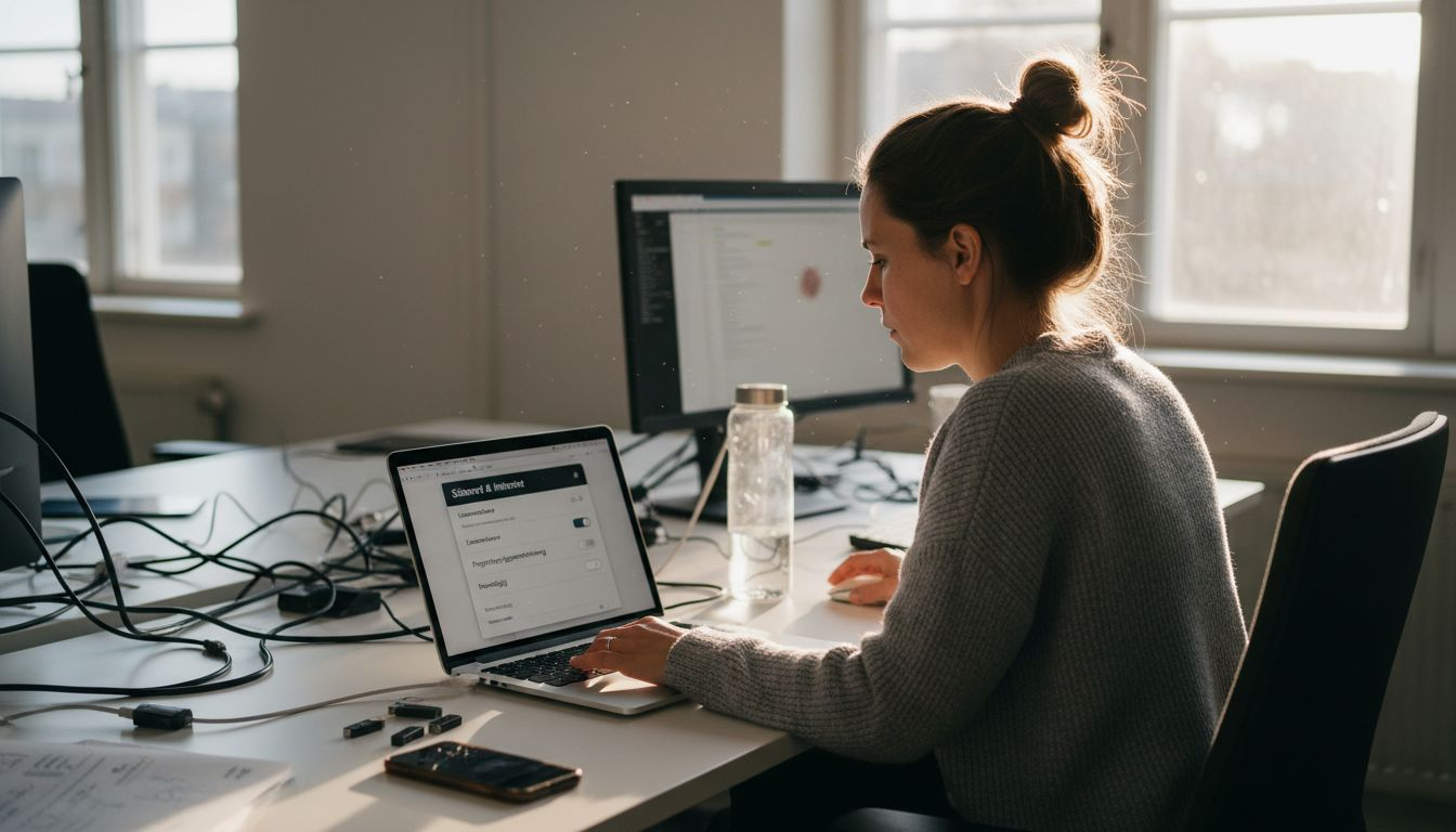 Kvinna som sitter vid skrivbordet på kontoret och justerar säkerhetsinställningarna på sin Mac.
