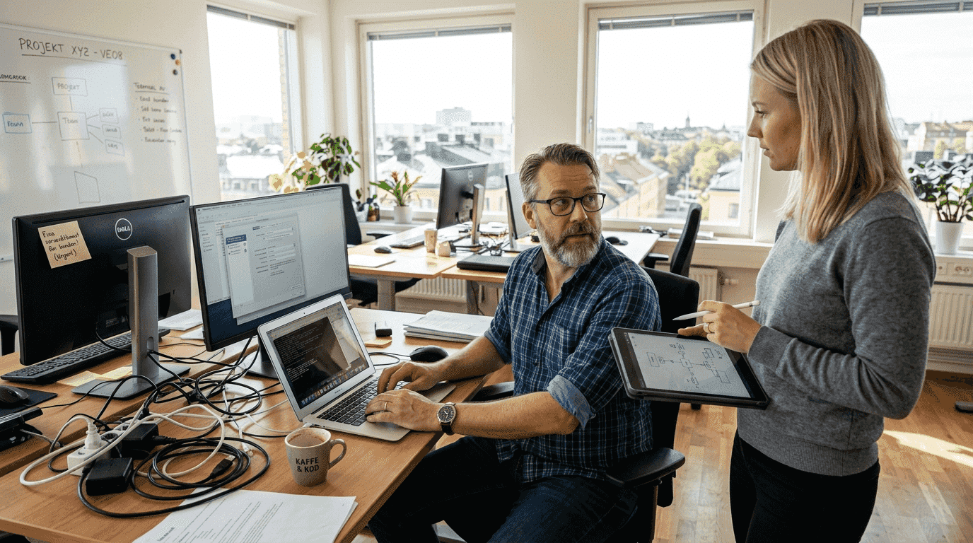 Tekniker som hjälper företag i Nacka att konfigurera Apple-enheter