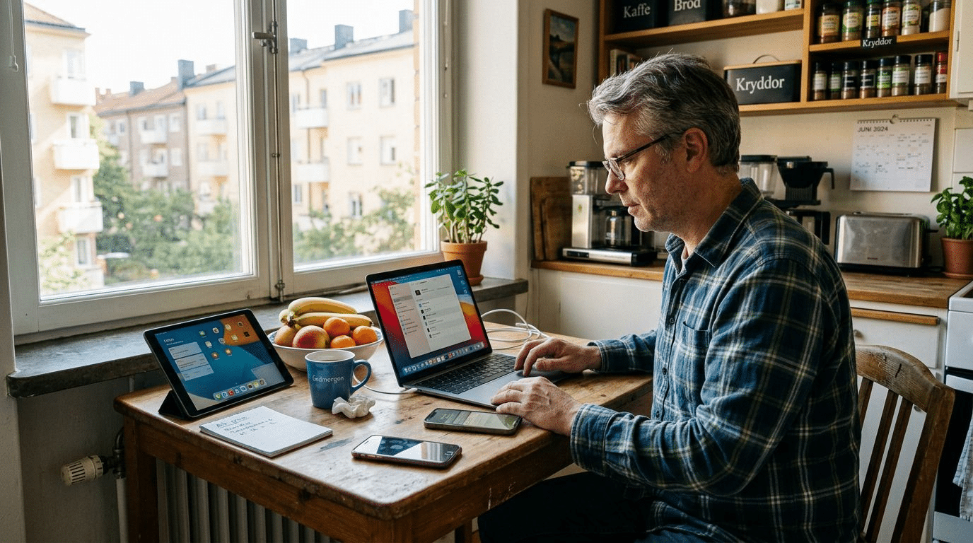 En man sitter vid köksbordet och jobbar med Apple MDM på datorn.