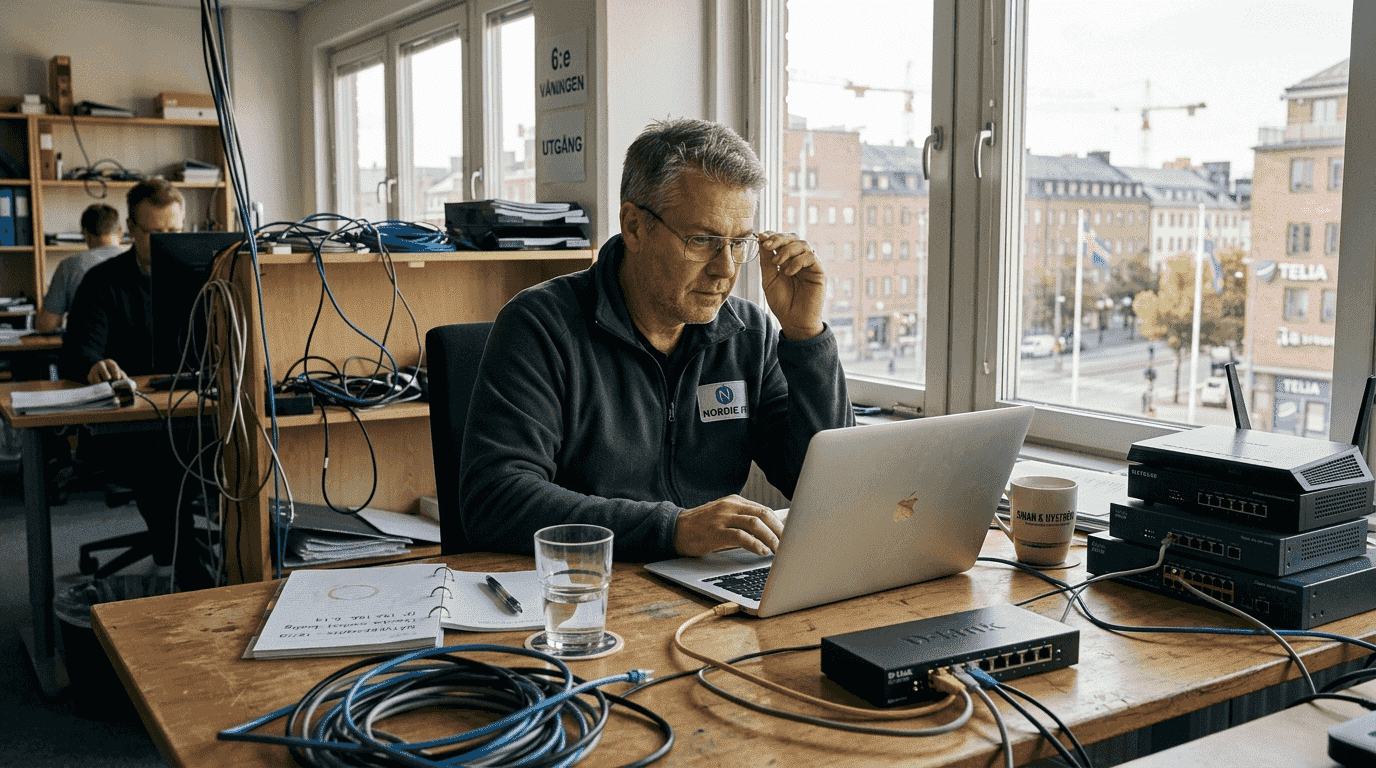 En tekniker går igenom nätverksinställningarna på en MacBook.