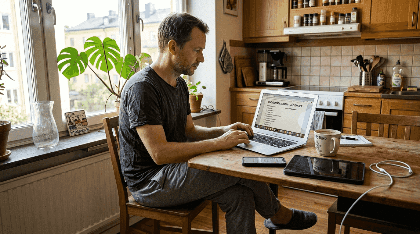 Man sitter vid köksbord och arbetar