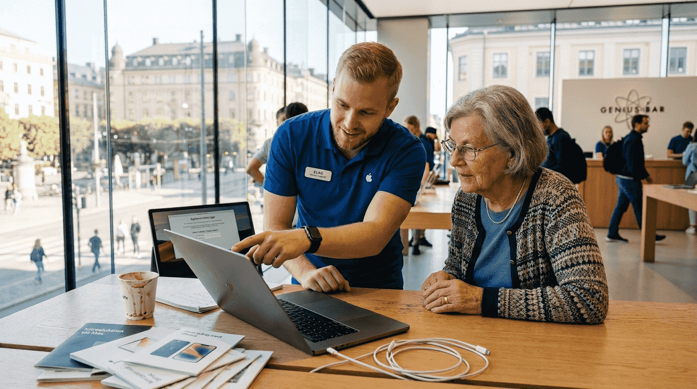En Apple-expert hjälper en kund med teknisk support vid Genius Bar.