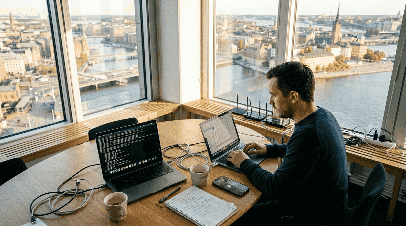IT-tekniker undersöker och löser problem med Apple-datorer på kontoret.