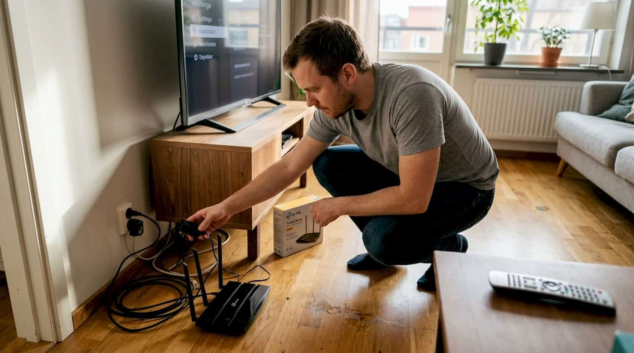Man kopplar in sin wifi-router i vardagsrummet