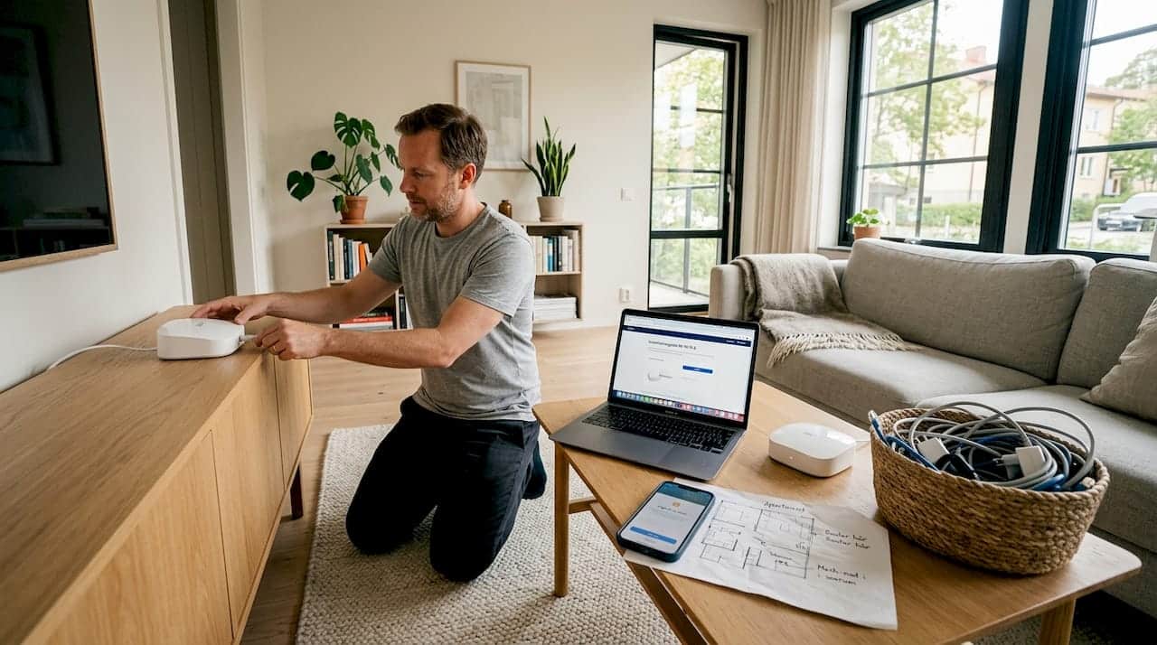 En man installerar en Wi-Fi-router hemma som är extra kompatibel med Apples produkter.