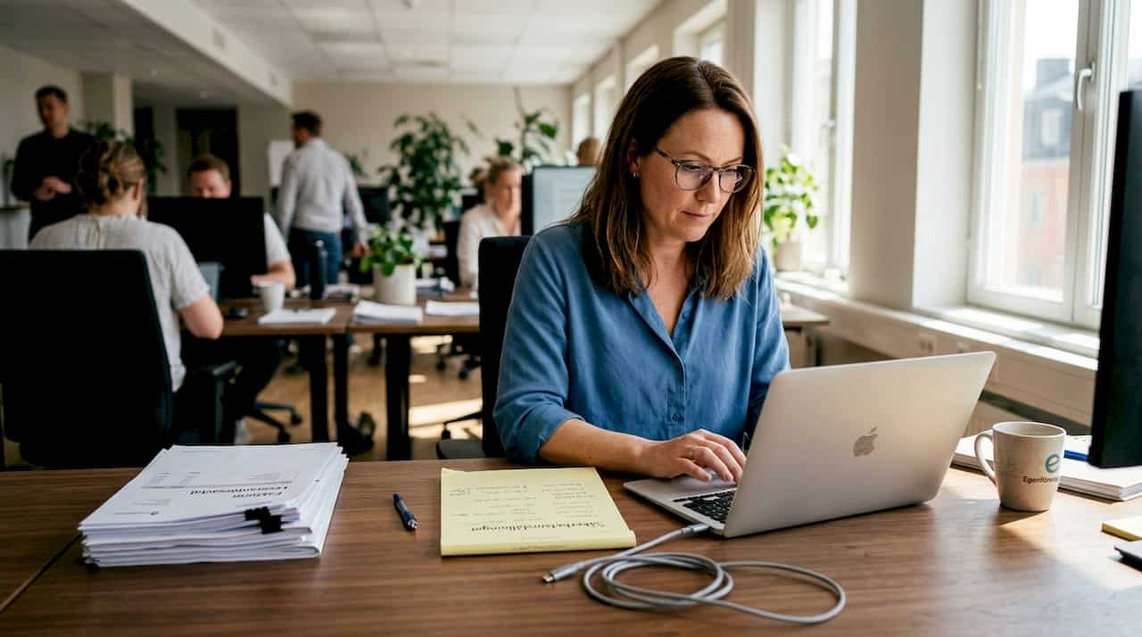 En småföretagare ser till att MacBooken är ordentligt låst och säker vid skrivbordet.