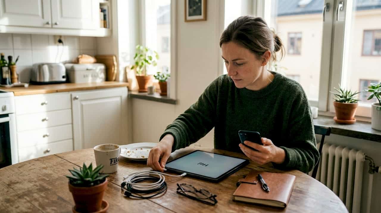 Kvinna installerar iPad vid köksbordet