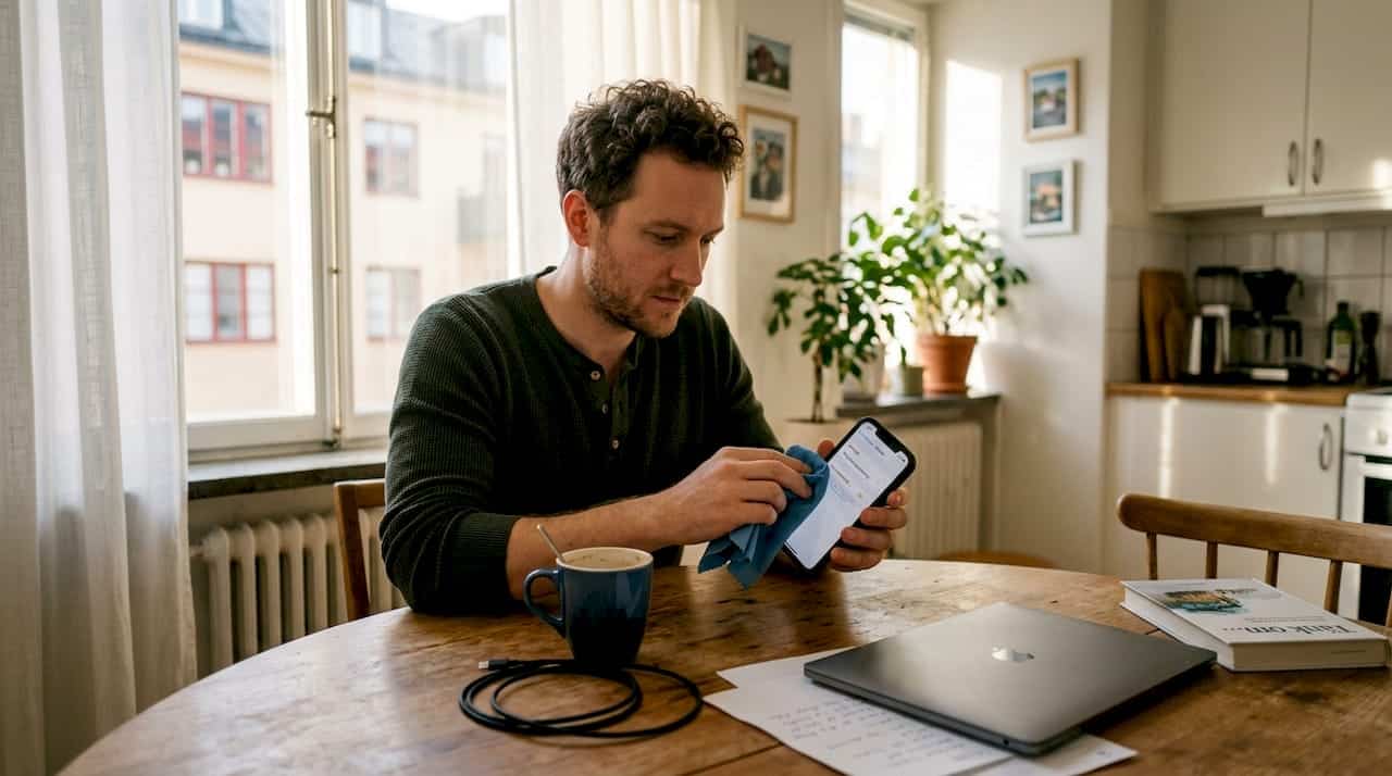 Man rengör sin iPhone hemma.